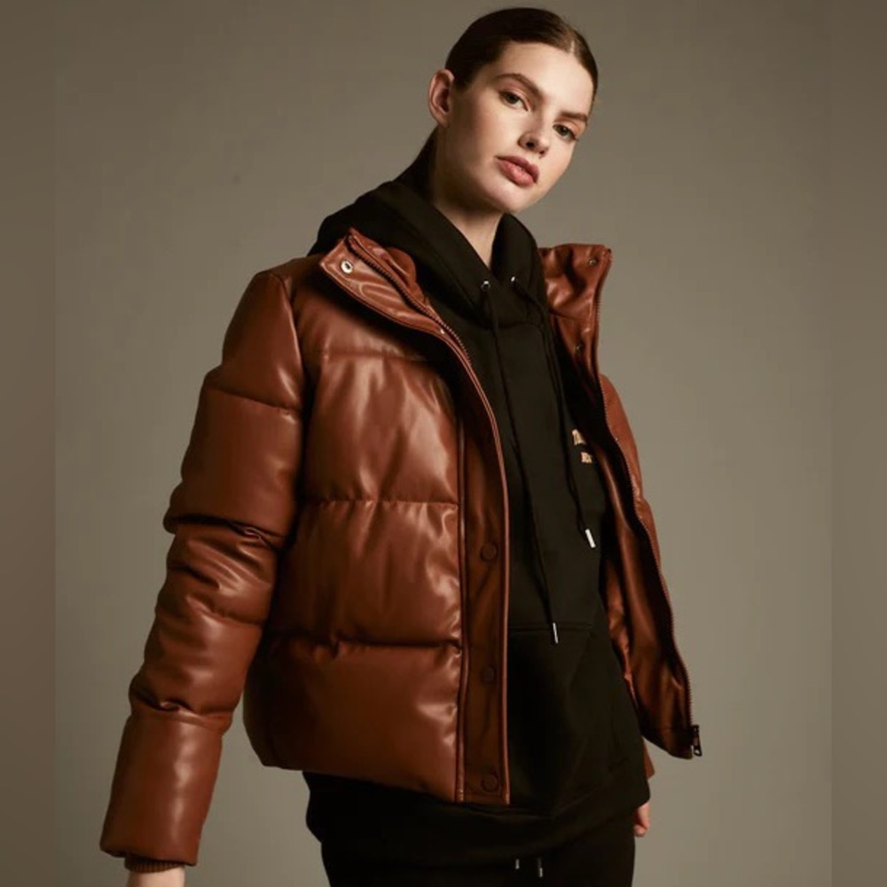 Deluc Pearl Jack Cinnamon Brown Faux Leather Puffer Jacket Size Medium